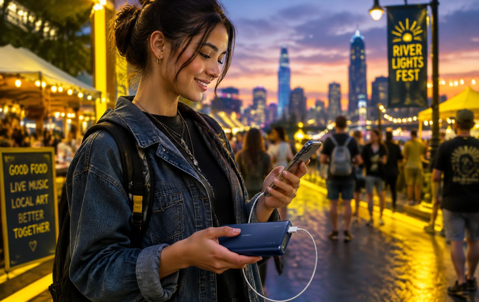 Person charging a phone with a portable battery at an outdoor festival